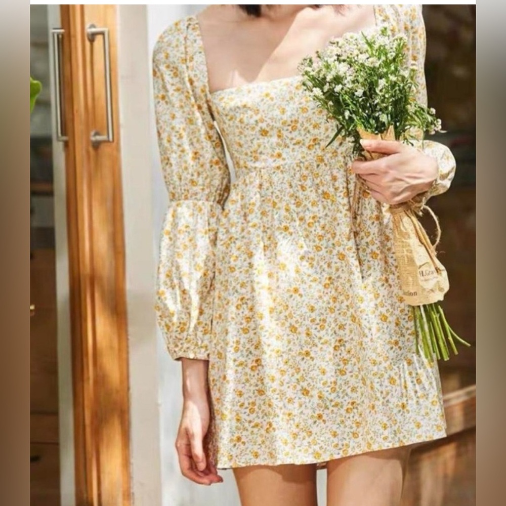 Reformation Michaela Dress Lima Yellow Ditsy Floral Prairie Cottagecore 8 butter